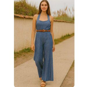Anthropologie Elevenses SZ 6 Linen Cotton Blend Sharlene Denim Jumpsuit